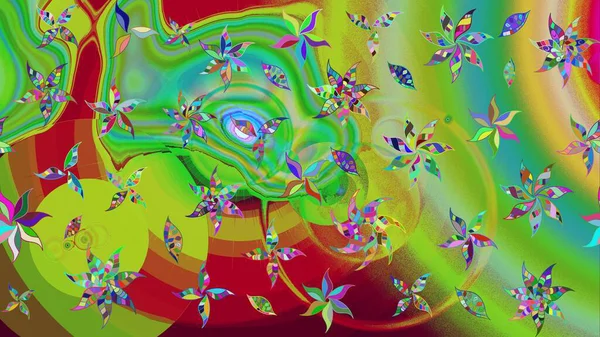 Flowers on green and red colors. Sketch pattern with floral ornament. Raster illustration.