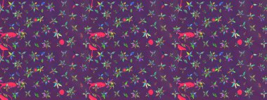 Raster Çiçek İllüstrasyonu 'nun şirin tekstili. Mor ve mor renkli etnik çiçeklerle zarif bir eskiz..