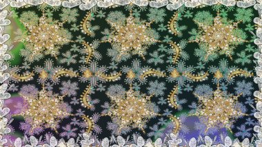 Kusursuz desenli oryantal süs. İslam tasarımı. Çiçek kiremitleri. Gri ve nötr renklerde altın desenler ve altın elementler. Raster altın tekstil baskısı.