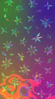 Raster illüstrasyonu. Çiçek desenli eskiz, darbeler, sıçramalar, yaz çiçekleri. Mor ve yeşil renkte çiçekler.