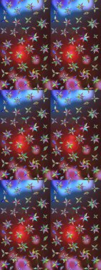 Renkli grunge, soyut arkaplanı kolonya ve mor çiçeklerle süslüyor. Parmak izi, kumaş, duvar kâğıdı, tekstil için raster dokusu. Nakış desenli çiçek deseni..