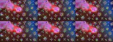 Raster deseni. Yumuşak, bahar çiçekleri kahverengi ve mor renklerde. Raster illüstrasyonu. Patlayan çiçekler soyut yerleştirilmiş.