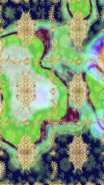 Yeşil yerine altın rengi barok çiçekli eskiz deseni. Süslü raster dekorasyonu. Yeşil renklerdeki altın element. Lüks, kraliyet ve Viktorya dönemi konsepti.