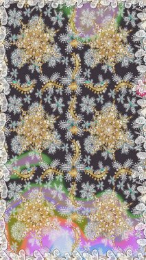 Kusursuz damaske klasik altın desen. Tekrarlayan elementlerle soyut arkaplan oluşturun. Gri renkler ve altın elementler üzerinde altın pürüzsüz desen. Raster illüstrasyonu.