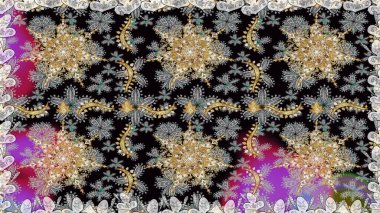 Geleneksel oryantasyon süsü. Kusursuz klasik raster altın desenli. Klasik klasik klasik arka plan. Gri renklerde, altın elementlerle kusursuz desen.