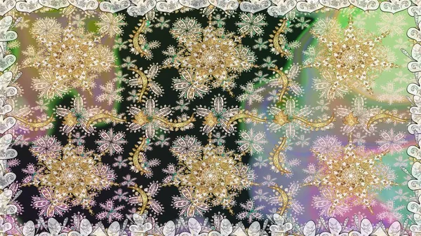 Çizgi sanatı tasarım şablonu için kusursuz sınır. Altın desenli çiçek dekoru. Doğu tarzı element. Davetiyeler, kartlar, web sayfası için Raster illüstrasyon. Tarafsız renklerde altın element.