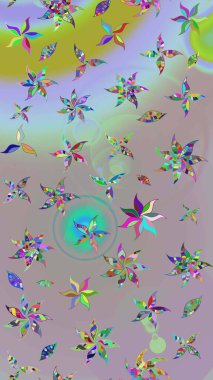 Raster Floral Illustration, Asyalı tekstil. Tarafsız ve gri renkte etnik çiçeklerle süslenmiş zarif bir eskiz..