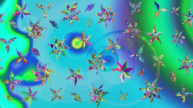 Kumaş desenli papatya çiçeği detayı. Mavi ve yeşil renkte çiçekler.