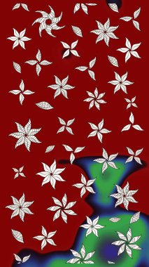 Çiçeksel çizim kalıbının yansıması. Vadinin çiçekleri kırmızı ve nötr renklerde.