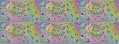 Raster illüstrasyonu. Asya tekstil tarzında. Çiçek desenli çizim. Tarafsız ve yeşil renklerde çiçekler. Raster illüstrasyonu.