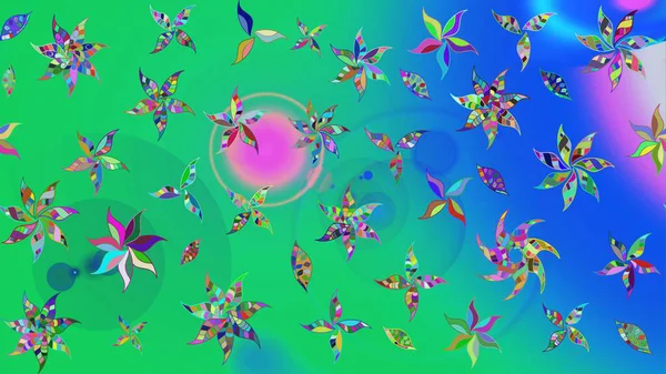 Raster illüstrasyonu. Raster illüstrasyonu. Yeşil ve mavi renkte çiçekler. Asya tekstil tarzında. Çiçek desenini çiz.