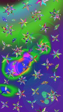 Yumuşak, bahar çiçekli arka plan. Çiçekli karalama şeklinde Raster çiçek deseni. Yeşil ve mor renkte çiçekler.