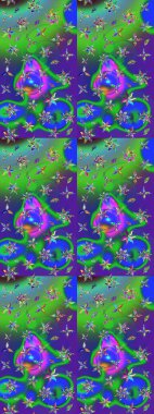 Raster Çiçek İllüstrasyonu güzel tekstil. Yeşil ve mavi renkli etnik çiçeklerle zarif bir eskiz deseni.