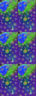 Raster illüstrasyonundaki çiçek desenli çizim. Mavi ve mor renkte çiçekler.