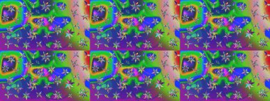 Parlak çiçekli yeşil ve mavi renkler üzerine soyut çizim deseni. Çiçeksel elementlerle süslenmiş zarif raster dokusu. Küçük çiçekte şirin bir çiçek deseni var..