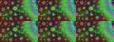 Çiçekler. Soyut etnik raster çizim kalıbı. Vadinin çiçekleri yeşil ve kahverengi renklerde.