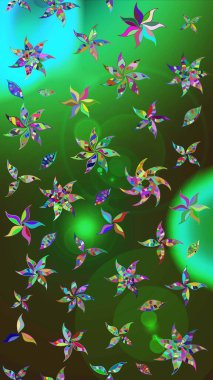 Eskiz arkaplan modeli. Yapraklı çiçekler ve yeşil ve gri renkli papatya çiçekleri. Raster - stok.