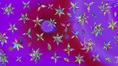 Raster çiçek desenli çiçek deseni, yapraklar, dekoratif elementler, sıçrama, lekeler, el çizimi kontur çizgileri ve Doodle çizim stili, grafik raster çizim çizimi.