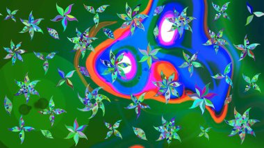 Raster Floral Illustration, Asyalı tekstil. Yeşil ve mavi renkli etnik çiçeklerle zarif bir eskiz deseni.