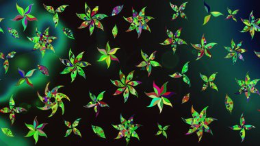 Suluboya elle çizilmiş çiçek desenli eskiz deseni. Parlak renkli fantezi çiçekleri, yapraklar, siyah ve gri renkli tomurcuklar..