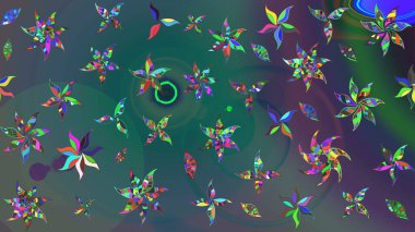 Mavi ve yeşil renkli bitkilerden oluşan parlak bir halı ile çizim deseni.