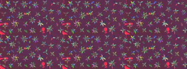 Eskiz klasiği. Raster Şirin kumaş deseni. Renkli Bahar Teması eskiz kalıbı. Düz Çiçek Elementleri Tasarımı.