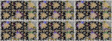 Kına dövmeli süs çiçekleri, altın çıkartmalar, mehndi ve yoga tasarımı, kartlar ve parmak izleri. Raster Golden Mehndi kusursuz desen. Gri ve siyah renkte desen.