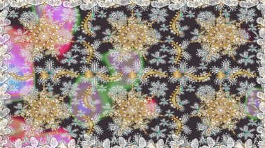 Antika altın tekrarlanabilir duvar kağıdı. Damask arkaplanı tekerrür ediyor. Barok tarzında altın çiçek süsü. Gri ve kahverengi renklerde altın element.