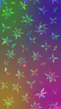 Mor ve yeşil renklerdeki çok renkli ve yeşil zarif küçük çiçekler ve komik böcekler, raster desen, illüstrasyon.