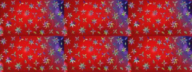 Üzerinde gelincikler ve vadi zambakları olan renkli çiçek desenli nakış deseni. Tekstil tasarımı için kırmızı ve mor renkli geleneksel halk çiçekleri buketi.