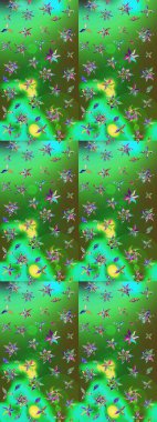 Çiçek tasarımı için inanılmaz bir kolaj cenneti tarzı. Parlak çiçekli kolaj çiçekleri yeşil ve mavi. Çiçekli zambaklar eskiz arka planı.