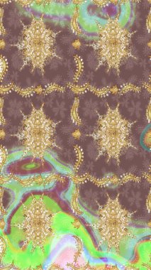 Kahverengi renklerde altın element. Barok tarzında altın çiçek süsü. Antika altın tekrarlanabilir duvar kağıdı. Damask çizim şablonu yineleniyor.