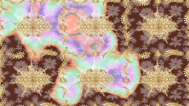 Süslü dekorasyon. Damask altın soyut çiçek deseni nötr renklerde. Raster illüstrasyonu.