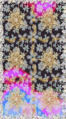 Altın çiçekli, pürüzsüz desen. Damask arkaplanı. Barok tarzında altın çiçekli süs. Gri renklerdeki altın element.