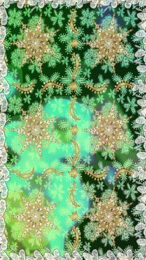 Altın elementlerle yeşil renklerde altın desen. Kusursuz klasik raster altın desenli. Klasik klasik klasik arka plan. Geleneksel oryantasyon süsü.