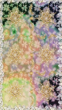 Raster soyut çiçek çelengi altın karalama fantezi yaprakları ve tarafsız renklerde çiçek. El yapımı dekoratif çerçeve, albüm kapağı, tebrik kartı, klasik Art deco tarzı.