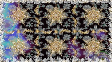 Kusursuz kraliyet lüksü, altın barok kumaş rengi. Altın antika ortaçağ dekoratifi, yapraklar ve gri renkli altın desenli süslemelerle pürüzsüz bir desen..