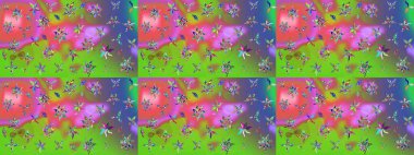 Raster illüstrasyonu. Çiçek süslemeli çizim deseni. Yeşil ve pembe renkte çiçekler.