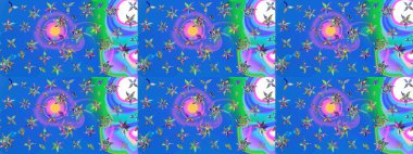 Tropik çiçek desenleri. Raster illüstrasyonu. Mavi ve mor renkte çiçekler.