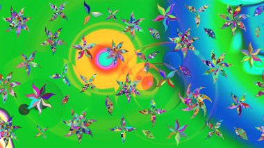 Raster düz çiçek çizim deseni. Hediye ambalaj kağıdı, tebrik kartları, posterler ve pankart tasarımı. Yeşil ve mavi renkte çiçekler.