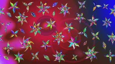 Raster illüstrasyonundaki çiçek desenli çizim. Kırmızı ve mavi renkte çiçekler.