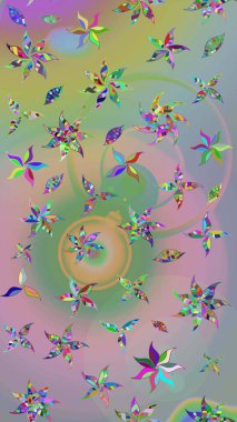 Çiçek desenli çizim. Tarafsız ve yeşil renklerde çiçekler. Raster illüstrasyonu. Asya tekstil tarzında. Raster illüstrasyonu.