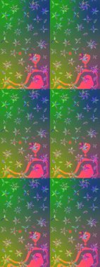 Raster düz çiçek çizim deseni. Yeşil ve mavi renkte çiçekler. Tasarım hediye paketi, tebrik kartları, posterler ve afiş tasarımı.