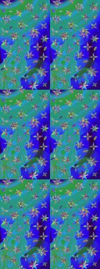 Çizim çiçek deseni duvar kâğıdı olarak kullanılabilir. Mavi ve yeşil renkli çiçekler. Raster illüstrasyonu.