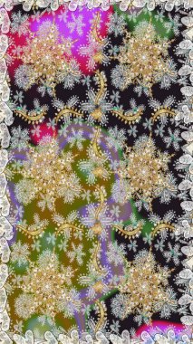 Altın desenli çiçek dekoru. Çizgi sanatı tasarım şablonu için kusursuz sınır. Doğu tarzı element. Davetiyeler, kartlar, web sayfası için Raster illüstrasyon. Gri ve nötr renkler üzerine altın element.