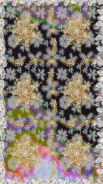 Süslü raster dekorasyonu. Barok tarzında duvar kağıdı tasarımı için kusursuz damaske deseni arkaplanı. Altın desenli gri ve nötr renkler ve altın elementler.