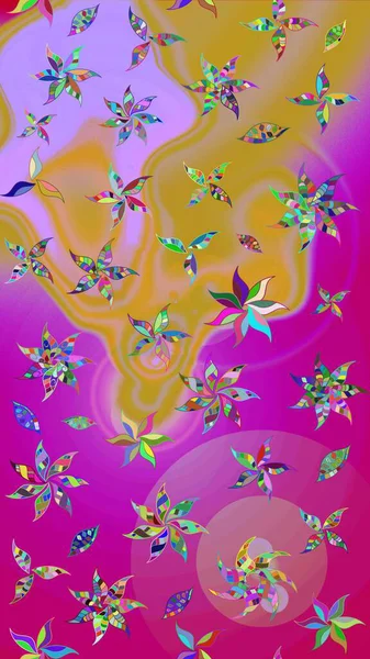 El çizimi çiçek unsurları olan soyut çizim raster deseni. Çiçekli ipek eşarp. Magenta ve sarı, mora ve sarıya. Retro tekstil tasarım koleksiyonu. 1950 'ler-1960' lar motifleri.