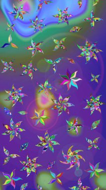 Mor ve mor renkli çiçekler. Hediye ambalaj kağıdı, tebrik kartları, posterler ve pankart tasarımı. Raster düz çiçek çizim deseni.