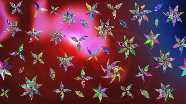 Suluboya elle çizilmiş çiçek desenli eskiz deseni. Parlak renkli fantezi çiçekleri, yapraklar, kırmızı ve kahverengi renkli tomurcuklar, kırmızı ve kahverengi.