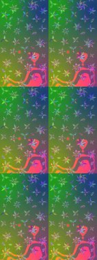 Raster düz çiçek çizim deseni. Yeşil ve mavi renkte çiçekler. Tasarım hediye paketi, tebrik kartları, posterler ve afiş tasarımı.